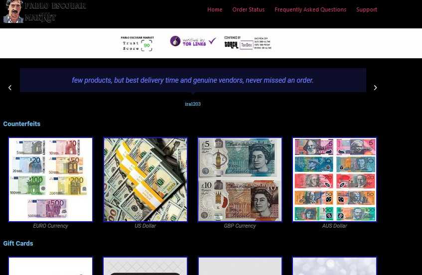 Pablo Escobar Market – Counterfeits, Money Transfer, Gift Cards, Crypto Wallet